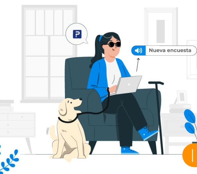Dibujo de una persona ciega usando una laptop con su perro guía